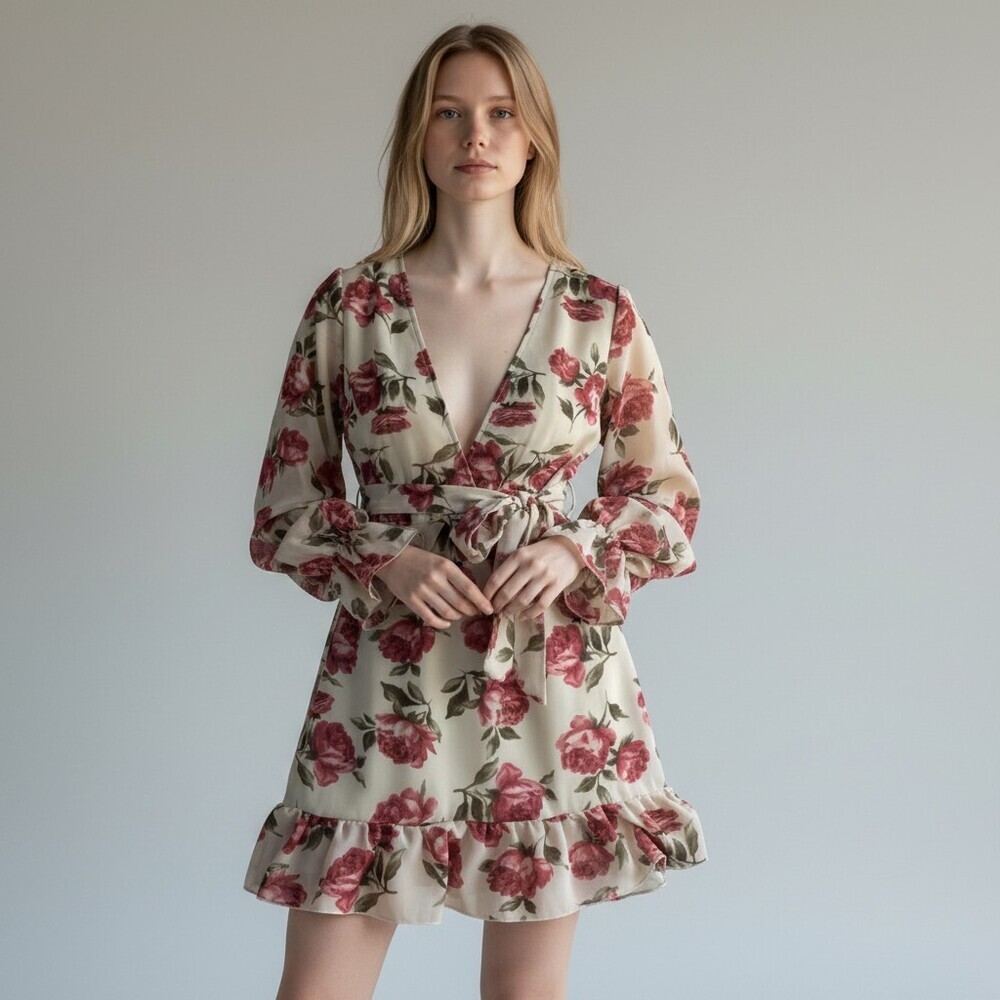 Nasty Gal Collection Rose Floral Wrap Mini Dress Bishop Sleeves Ruffle Hem NWT 8